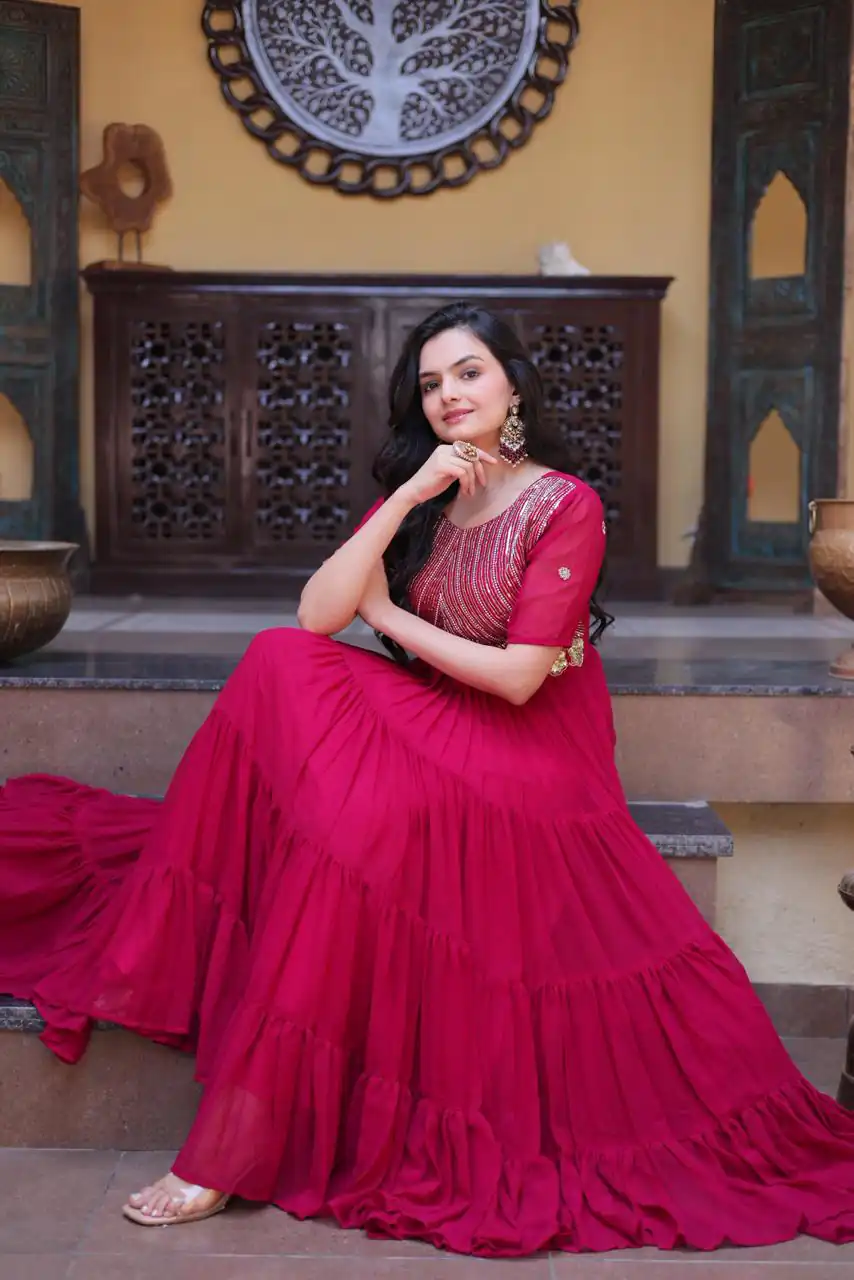 KA 1255 Pink Faux Blooming Gown with Embroidery Work & Zari Work. Available at ₹1719 only. Delivery 4-6 Working Days. Shop now. | Gowns, Bollywood Gowns, Creative Gowns, Designer Gowns, Embroidered Gowns, Party Wear Gowns
