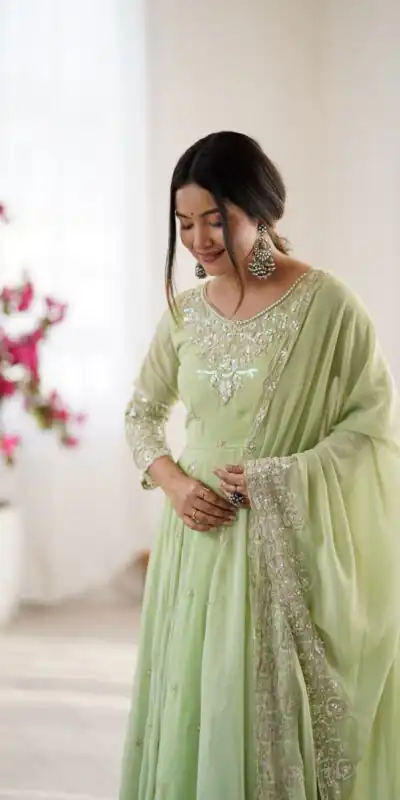 ZF 5012 Pista Blooming Faux Gown with Embroidery Work. Wedding, Party, Festive, Events Grab it for ₹2149. Delivery 4-6 Working Days. Shop now. | Anarkali Suits, Bollywood Anarkali, Creative-Anarkali, Designer Anarkali, Embroidered Anarkali, Party Wear Anarkali