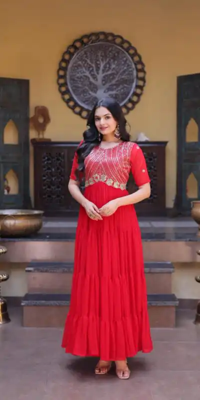 KA 1255 Red Faux Blooming Gown with Embroidery Work & Zari Work. Available at ₹1719 only. Delivery 4-6 Working Days. Shop now. | Gowns, Bollywood Gowns, Creative Gowns, Designer Gowns, Embroidered Gowns, Party Wear Gowns
