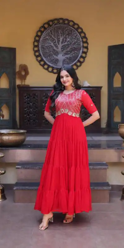 KA 1255 Red Faux Blooming Gown with Embroidery Work & Zari Work. Available at ₹1719 only. Delivery 4-6 Working Days. Shop now. | Gowns, Bollywood Gowns, Creative Gowns, Designer Gowns, Embroidered Gowns, Party Wear Gowns