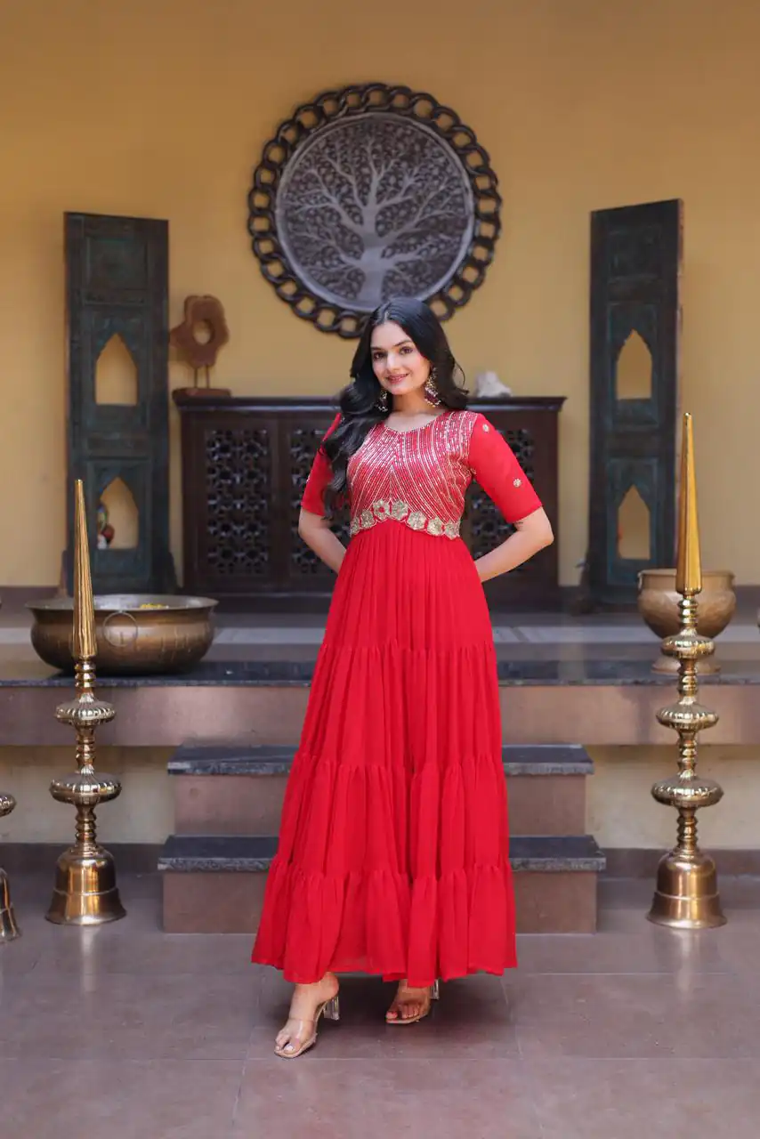 KA 1255 Red Faux Blooming Gown with Embroidery Work & Zari Work. Available at ₹1719 only. Delivery 4-6 Working Days. Shop now. | Gowns, Bollywood Gowns, Creative Gowns, Designer Gowns, Embroidered Gowns, Party Wear Gowns