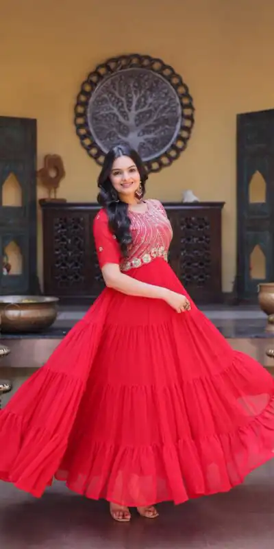 KA 1255 Red Faux Blooming Gown with Embroidery Work & Zari Work. Available at ₹1719 only. Delivery 4-6 Working Days. Shop now. | Gowns, Bollywood Gowns, Creative Gowns, Designer Gowns, Embroidered Gowns, Party Wear Gowns