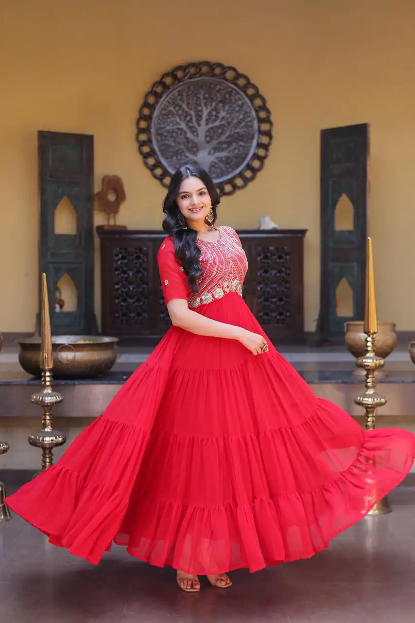 KA 1255 Red Faux Blooming Gown with Embroidery Work & Zari Work. Available at ₹1719 only. Delivery 4-6 Working Days. Shop now. | Gowns, Bollywood Gowns, Creative Gowns, Designer Gowns, Embroidered Gowns, Party Wear Gowns