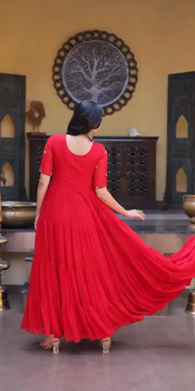KA 1255 Red Faux Blooming Gown with Embroidery Work & Zari Work. Available at ₹1719 only. Delivery 4-6 Working Days. Shop now. | Gowns, Bollywood Gowns, Creative Gowns, Designer Gowns, Embroidered Gowns, Party Wear Gowns