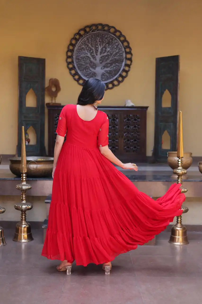 KA 1255 Red Faux Blooming Gown with Embroidery Work & Zari Work. Available at ₹1719 only. Delivery 4-6 Working Days. Shop now. | Gowns, Bollywood Gowns, Creative Gowns, Designer Gowns, Embroidered Gowns, Party Wear Gowns