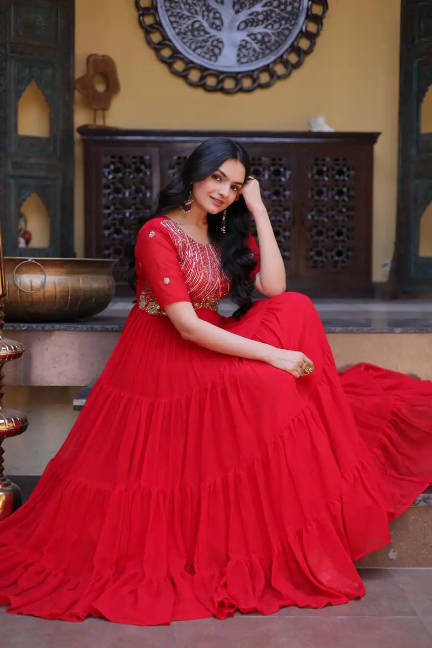 KA 1255 Red Faux Blooming Gown with Embroidery Work & Zari Work. Available at ₹1719 only. Delivery 4-6 Working Days. Shop now. | Gowns, Bollywood Gowns, Creative Gowns, Designer Gowns, Embroidered Gowns, Party Wear Gowns