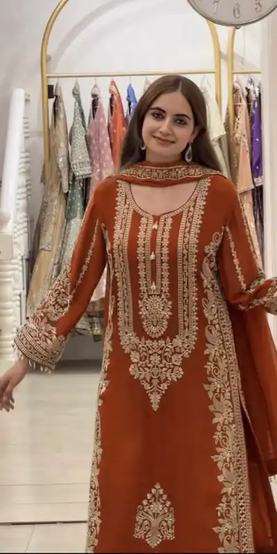 SR 1716 Rust Colour Faux Georgette Salwar Suit with Lace Work. Introductory Price ₹2449. Delivery 4-6 Working Days. Shop now. | Jump Suits, Salwar suit, Casual Suits, Creative suits, Designer Suits, Palazzo Suits, Party Wear Suits, Patiala Suits, Straight Suits