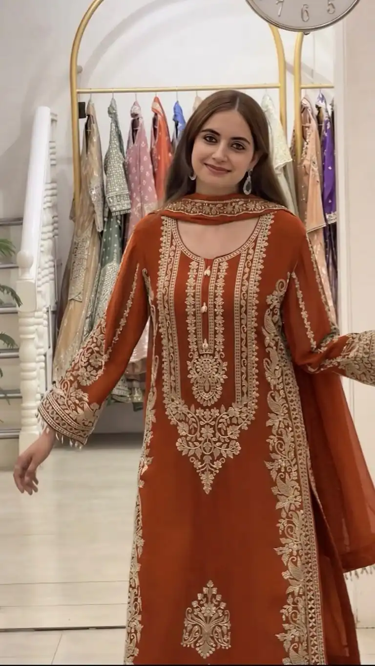 SR 1716 Rust Colour Faux Georgette Salwar Suit with Lace Work. Introductory Price ₹2449. Delivery 4-6 Working Days. Shop now. | Jump Suits, Salwar suit, Casual Suits, Creative suits, Designer Suits, Palazzo Suits, Party Wear Suits, Patiala Suits, Straight Suits