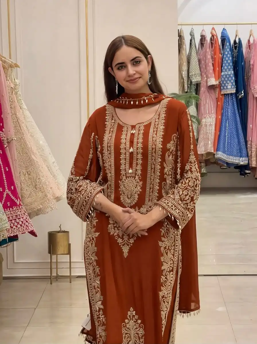 SR 1716 Rust Colour Faux Georgette Salwar Suit with Lace Work. Introductory Price ₹2449. Delivery 4-6 Working Days. Shop now. | Jump Suits, Salwar suit, Casual Suits, Creative suits, Designer Suits, Palazzo Suits, Party Wear Suits, Patiala Suits, Straight Suits