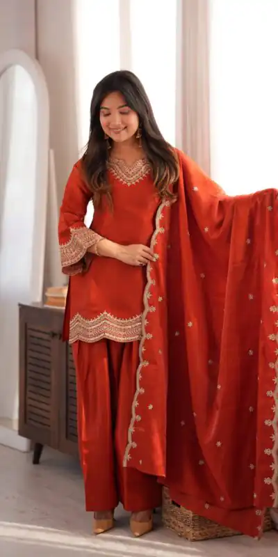 KB 307 Rust in Glass Roman Silk. Sequins Work & Embroidery Work Salwar Suit Festive Deal ₹1999. Delivery 4-6 Working Days. Shop now. | Jump Suits, Salwar suit, Casual Suits, Creative suits, Designer Suits, Palazzo Suits, Party Wear Suits, Patiala Suits, Straight Suits