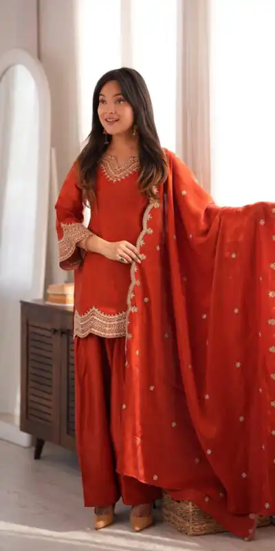 KB 307 Rust in Glass Roman Silk. Sequins Work & Embroidery Work Salwar Suit Festive Deal ₹1999. Delivery 4-6 Working Days. Shop now. | Jump Suits, Salwar suit, Casual Suits, Creative suits, Designer Suits, Palazzo Suits, Party Wear Suits, Patiala Suits, Straight Suits
