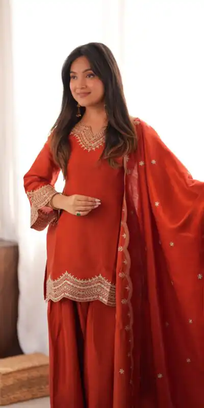 KB 307 Rust in Glass Roman Silk. Sequins Work & Embroidery Work Salwar Suit Festive Deal ₹1999. Delivery 4-6 Working Days. Shop now. | Jump Suits, Salwar suit, Casual Suits, Creative suits, Designer Suits, Palazzo Suits, Party Wear Suits, Patiala Suits, Straight Suits