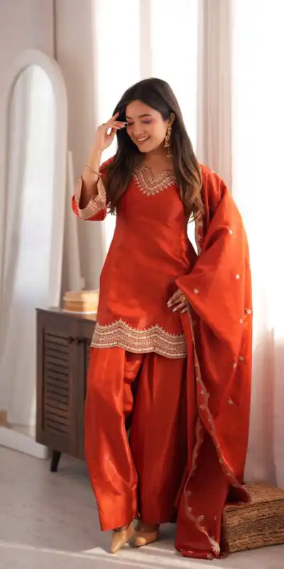 KB 307 Rust in Glass Roman Silk. Sequins Work & Embroidery Work Salwar Suit Festive Deal ₹1999. Delivery 4-6 Working Days. Shop now. | Jump Suits, Salwar suit, Casual Suits, Creative suits, Designer Suits, Palazzo Suits, Party Wear Suits, Patiala Suits, Straight Suits