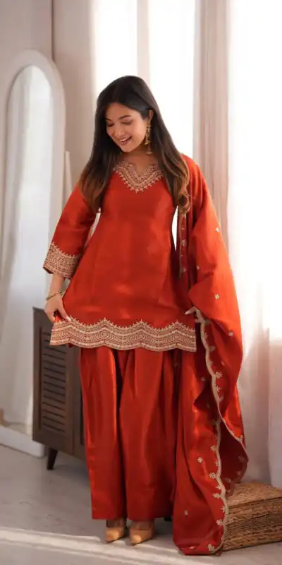 KB 307 Rust in Glass Roman Silk. Sequins Work & Embroidery Work Salwar Suit Festive Deal ₹1999. Delivery 4-6 Working Days. Shop now. | Jump Suits, Salwar suit, Casual Suits, Creative suits, Designer Suits, Palazzo Suits, Party Wear Suits, Patiala Suits, Straight Suits
