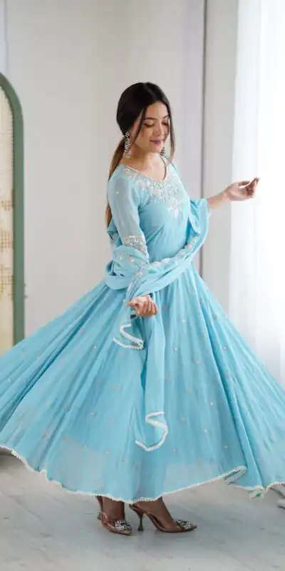 ZF 5012 Sky Blue Blooming Faux Gown with Embroidery Work. Wedding, Party, Festive, Events Grab it for ₹2149. Delivery 4-6 Working Days. Shop now. | Anarkali Suits, Bollywood Anarkali, Creative-Anarkali, Designer Anarkali, Embroidered Anarkali, Party Wear Anarkali