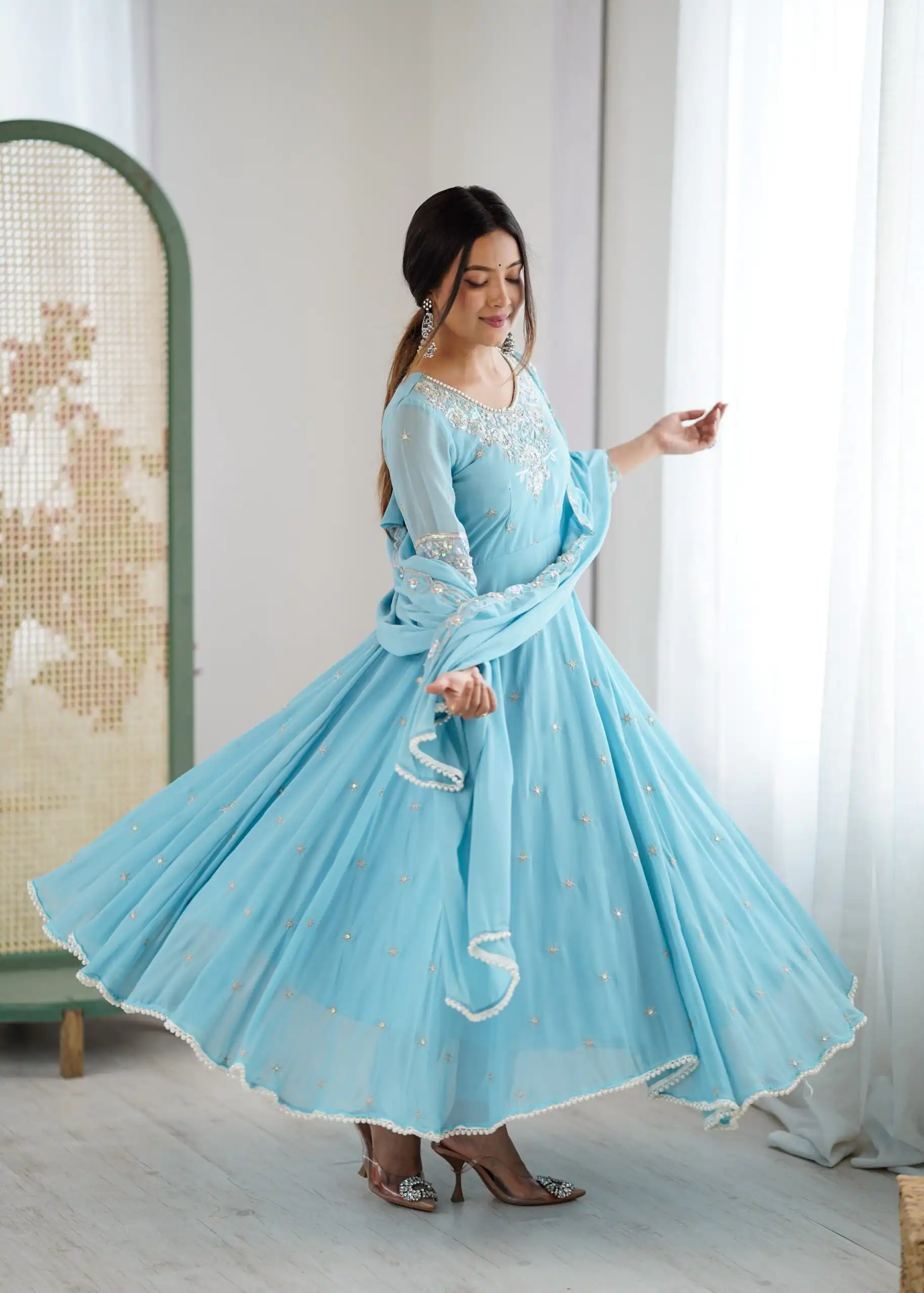 ZF 5012 Sky Blue Blooming Faux Gown with Embroidery Work. Wedding, Party, Festive, Events Grab it for ₹2149. Delivery 4-6 Working Days. Shop now. | Anarkali Suits, Bollywood Anarkali, Creative-Anarkali, Designer Anarkali, Embroidered Anarkali, Party Wear Anarkali