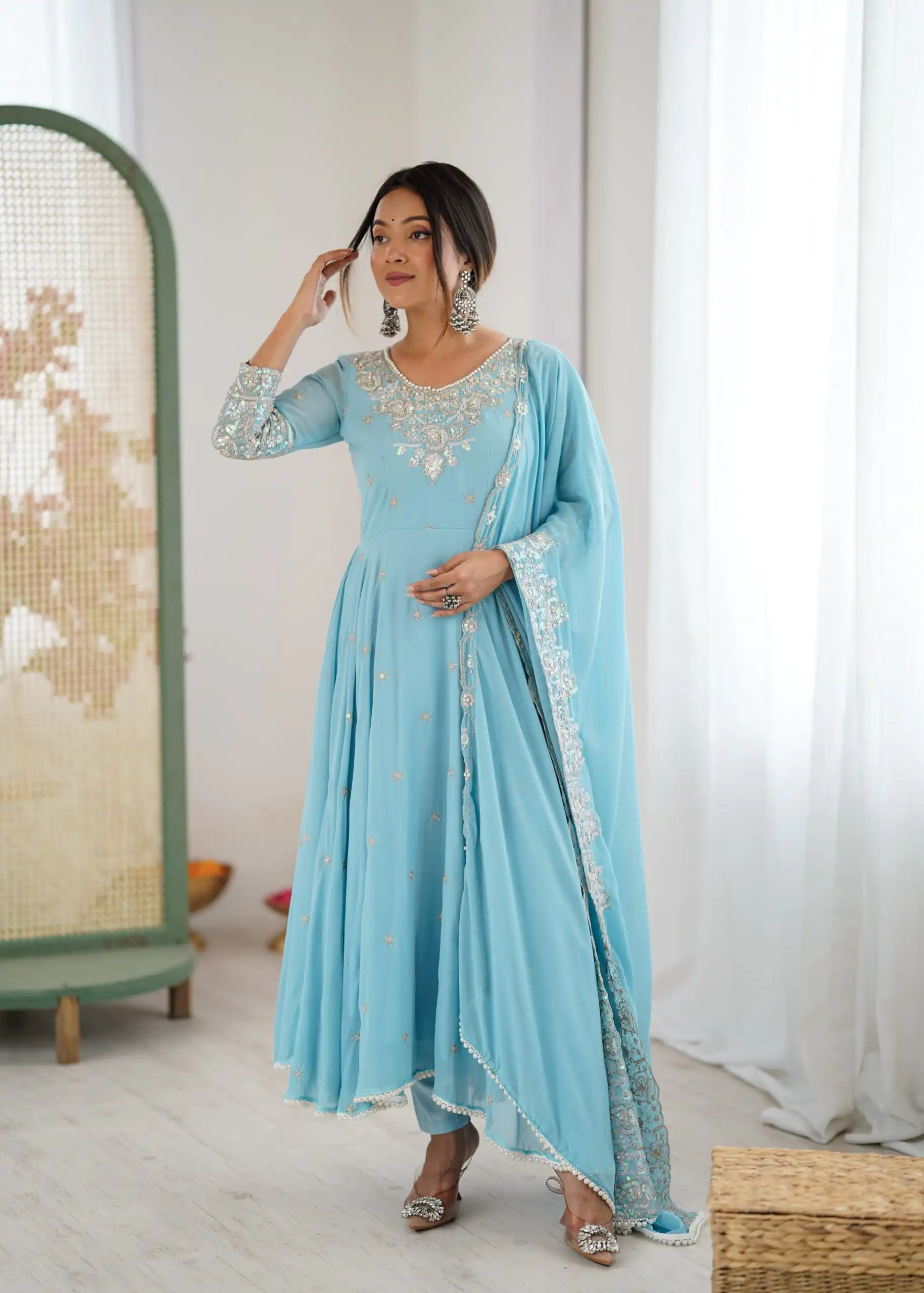 ZF 5012 Sky Blue Blooming Faux Gown with Embroidery Work. Wedding, Party, Festive, Events Grab it for ₹2149. Delivery 4-6 Working Days. Shop now. | Anarkali Suits, Bollywood Anarkali, Creative-Anarkali, Designer Anarkali, Embroidered Anarkali, Party Wear Anarkali