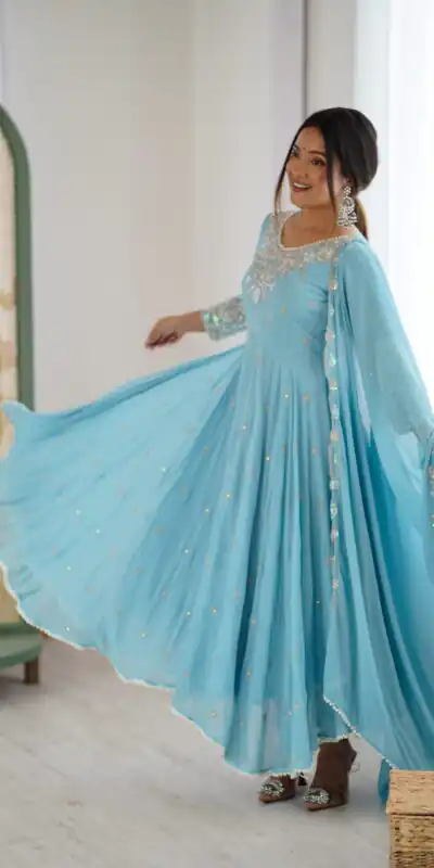 ZF 5012 Sky Blue Blooming Faux Gown with Embroidery Work. Wedding, Party, Festive, Events Grab it for ₹2149. Delivery 4-6 Working Days. Shop now. | Anarkali Suits, Bollywood Anarkali, Creative-Anarkali, Designer Anarkali, Embroidered Anarkali, Party Wear Anarkali