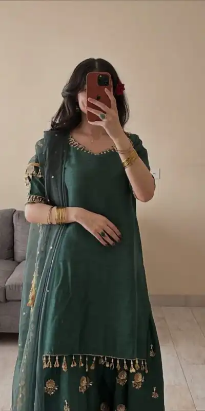 MF 535 Teal Green Aada Slab Silk Salwar Suit with Embroidery Work & Mirror Work. Festive Deal ₹2399. Delivery 4-6 Working Days. Shop now. | Jump Suits, Salwar suit, Casual Suits, Creative suits, Designer Suits, Palazzo Suits, Party Wear Suits, Patiala Suits, Straight Suits