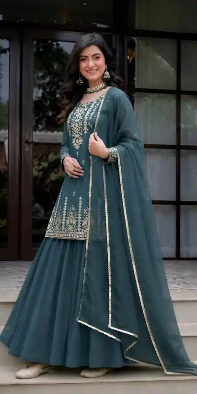 MD 3101 Teal Roman Cotton Lehenga Choli. Perfect for Wedding, Party, Makar Sankranti, Pooja, Anniversary – Grab it for ₹2099. Delivery 4-6 Working Day | Lehenga, Bollywood Lehenga, Creative Lehenga, Designer Lehenga, Embroidered Lehenga, Party Wear Lehenga