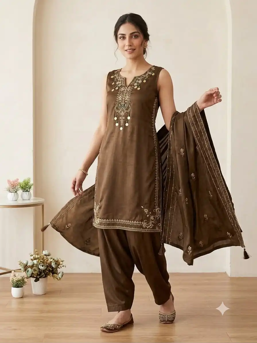 LG 2126 Brown Cos Moss Salwar Suit with Embroidery Work & Sequins Work. Affordable Price ₹2149. Delivery 4-6 Working Days. Shop now. | Jump Suits, Salwar suit, Casual Suits, Creative suits, Designer Suits, Palazzo Suits, Party Wear Suits, Patiala Suits, Straight Suits