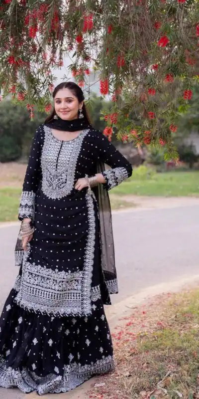 ZB 5064 Black Faux Georgette Salwar Suit with Embroidery Work. Available at ₹2049 only. Delivery 4-6 Working Days. Shop now. | Jump Suits, Salwar suit, Casual Suits, Creative suits, Designer Suits, Palazzo Suits, Party Wear Suits, Patiala Suits, Straight Suits