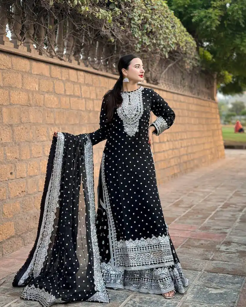 ZB 5064 Black Faux Georgette Salwar Suit with Embroidery Work. Available at ₹2049 only. Delivery 4-6 Working Days. Shop now. | Jump Suits, Salwar suit, Casual Suits, Creative suits, Designer Suits, Palazzo Suits, Party Wear Suits, Patiala Suits, Straight Suits