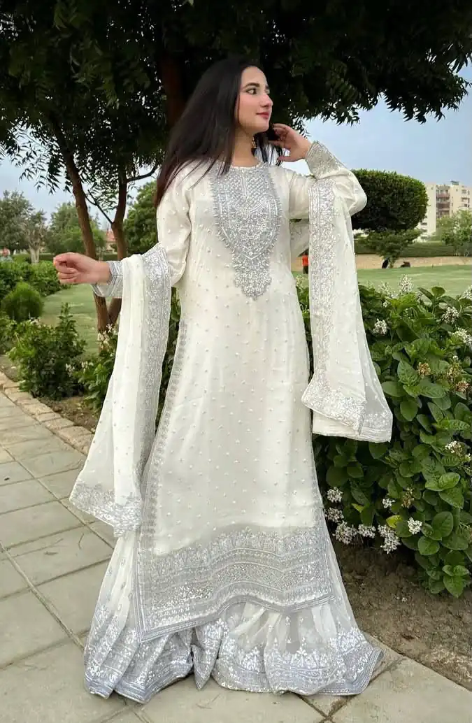 ZB 5064 White Faux Georgette Salwar Suit with Embroidery Work. Available at ₹2049 only. Delivery 4-6 Working Days. Shop now. | Jump Suits, Salwar suit, Casual Suits, Creative suits, Designer Suits, Palazzo Suits, Party Wear Suits, Patiala Suits, Straight Suits