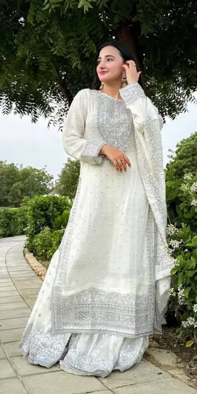 ZB 5064 White Faux Georgette Salwar Suit with Embroidery Work. Available at ₹2049 only. Delivery 4-6 Working Days. Shop now. | Jump Suits, Salwar suit, Casual Suits, Creative suits, Designer Suits, Palazzo Suits, Party Wear Suits, Patiala Suits, Straight Suits