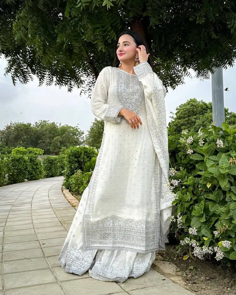 ZB 5064 White Faux Georgette Salwar Suit with Embroidery Work. Available at ₹2049 only. Delivery 4-6 Working Days. Shop now. | Jump Suits, Salwar suit, Casual Suits, Creative suits, Designer Suits, Palazzo Suits, Party Wear Suits, Patiala Suits, Straight Suits