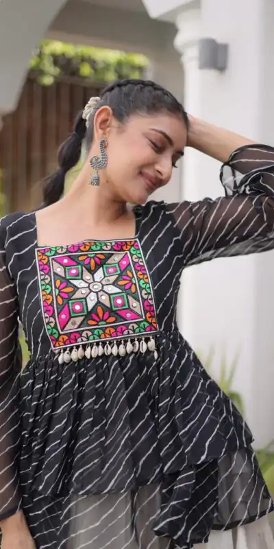Alternative view of Aglow Black Kora Cotton Kutchi Patch Work Lehenga Choli