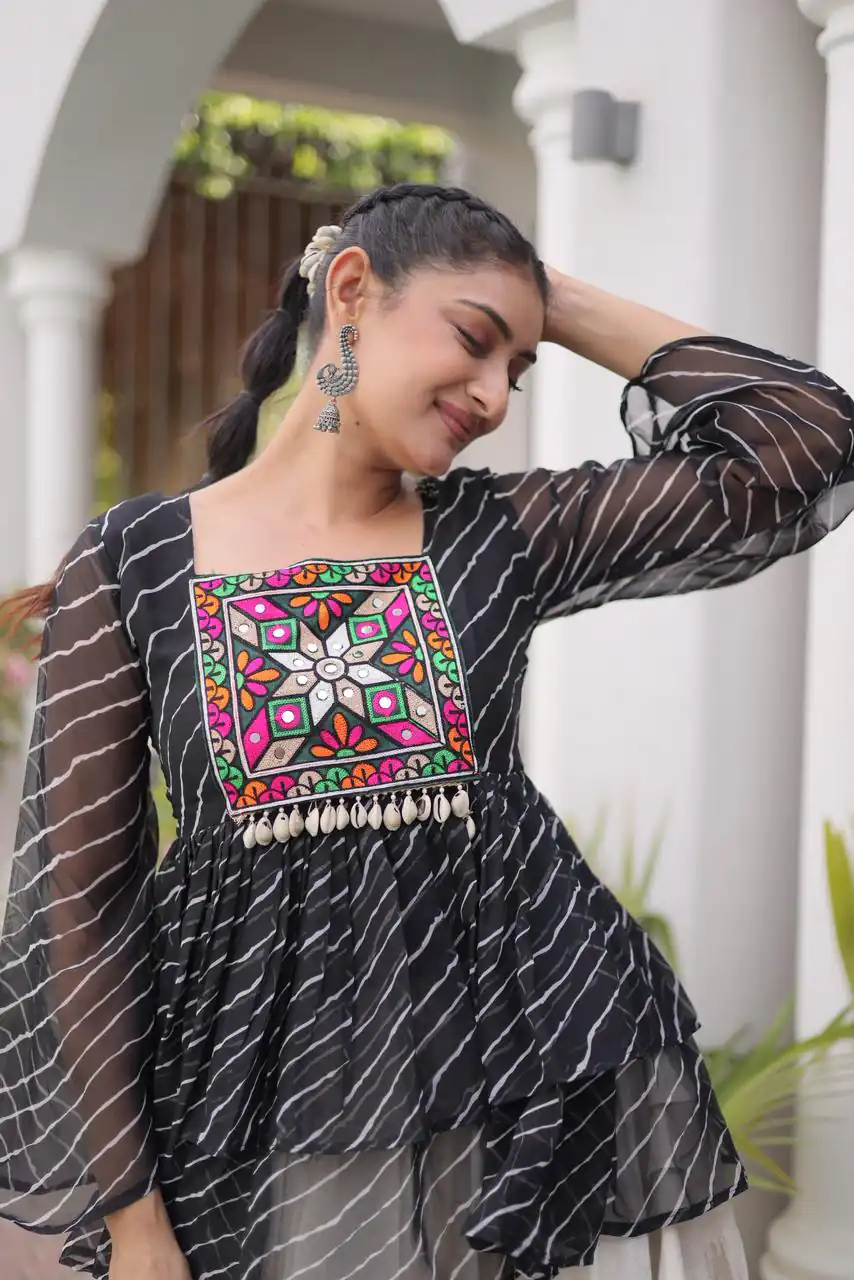 Aglow Black Kora Cotton Kutchi Patch Work Lehenga Choli - Image 2