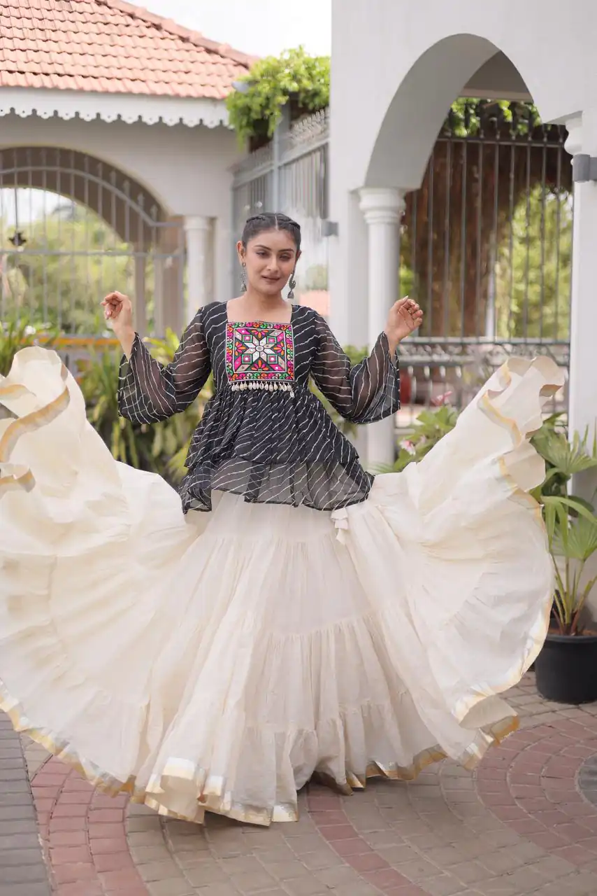 Aglow Black Kora Cotton Kutchi Patch Work Lehenga Choli
