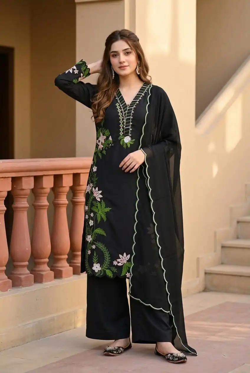 Aglow Black Roman Silk Embroidery Work Salwar Suit - Image 4