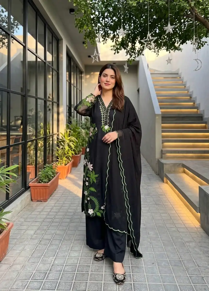 Aglow Black Roman Silk Embroidery Work Salwar Suit - Image 3