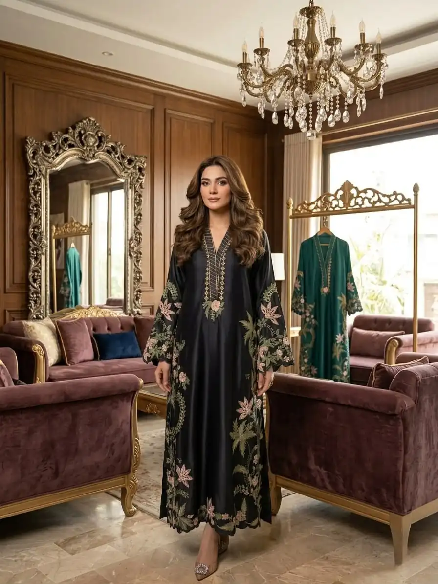 Aglow Black Roman Silk Embroidery Work Salwar Suit