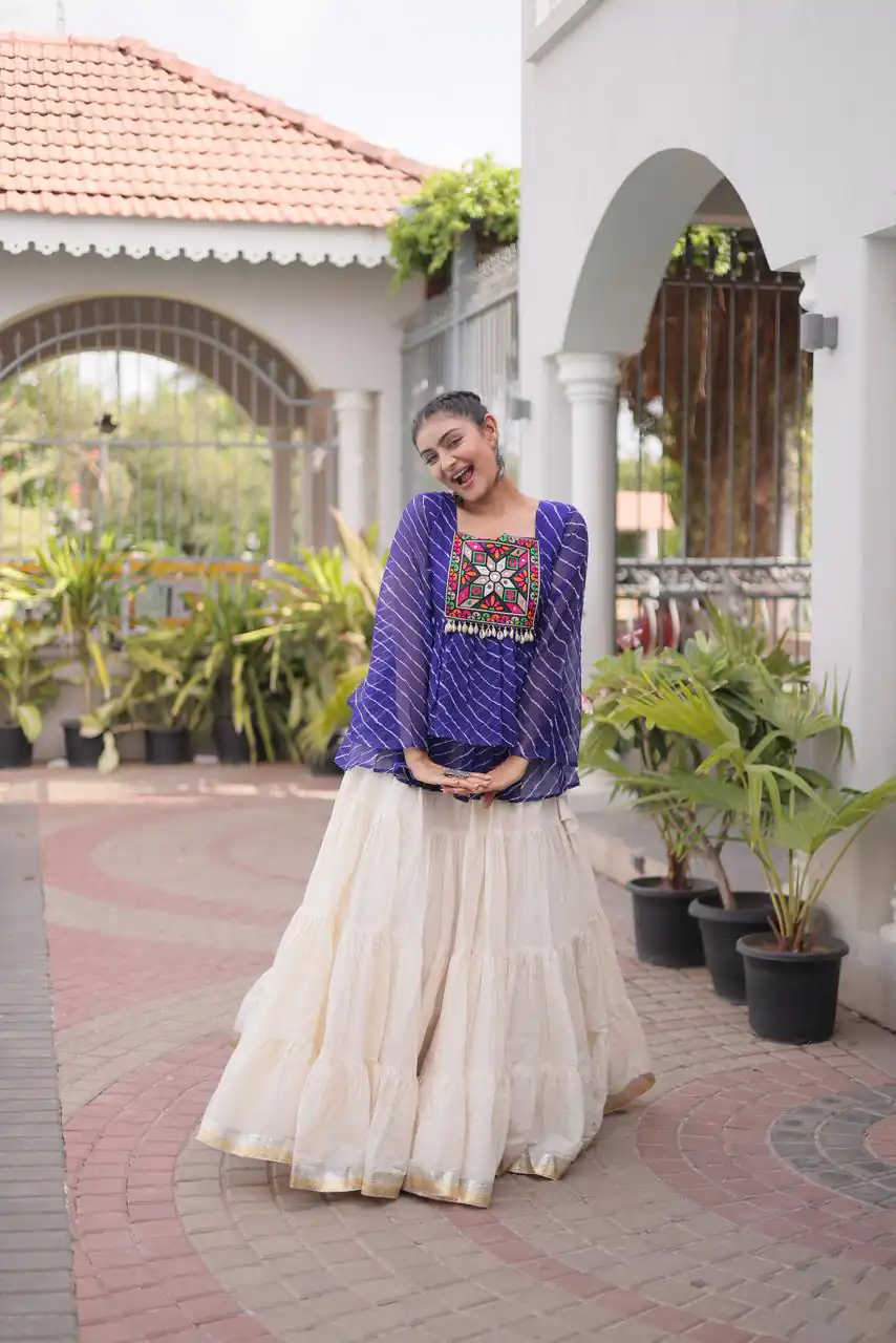 Aglow Blue Kora Cotton Kutchi Patch Work Lehenga Choli - Image 4