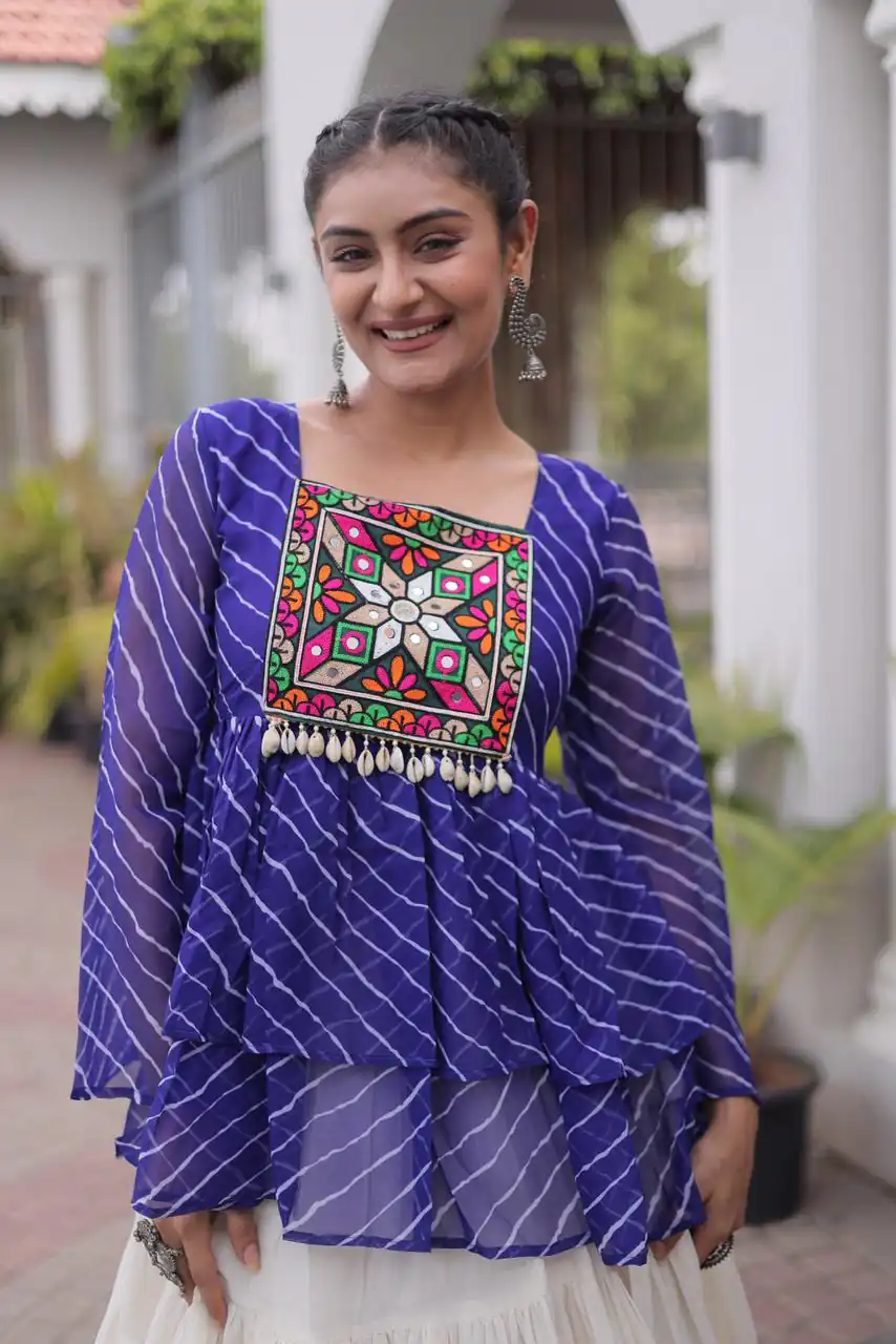 Aglow Blue Kora Cotton Kutchi Patch Work Lehenga Choli - Image 2
