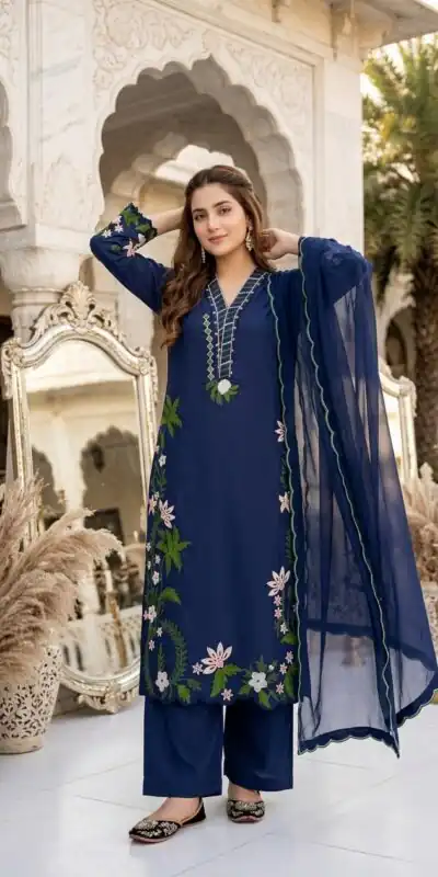 Alternative view of Aglow Blue Roman Silk Embroidery Work Salwar Suit