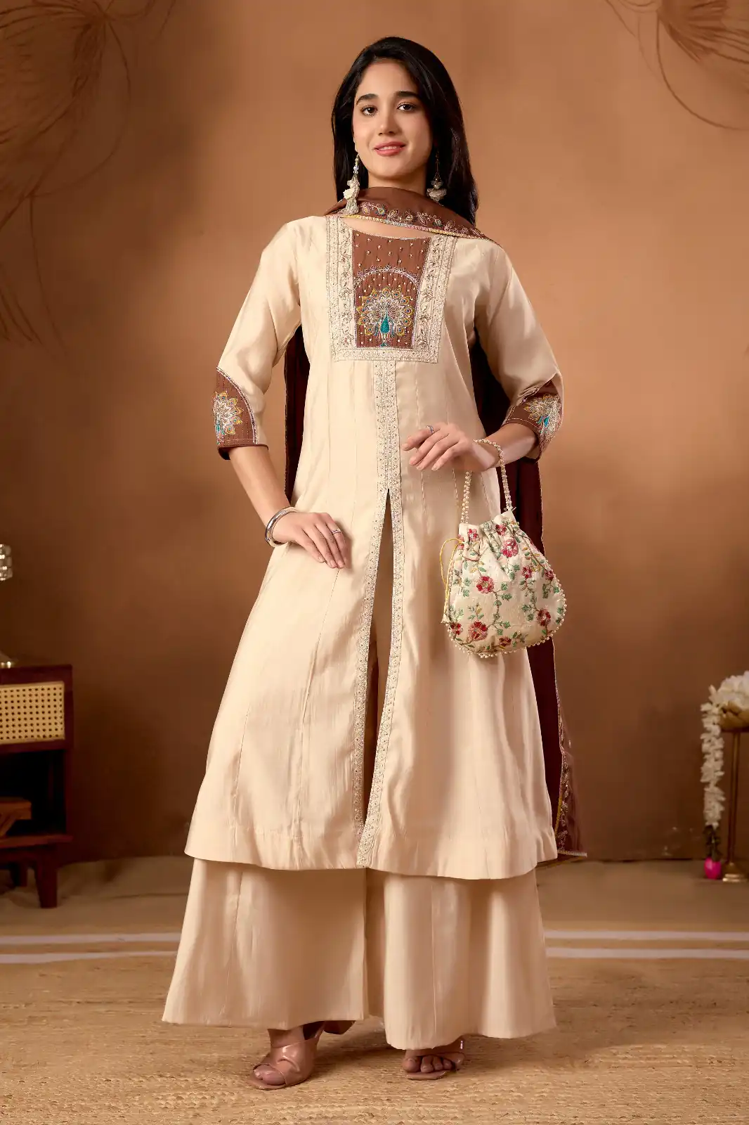 Aglow Cream Roman Silk Thread Work Salwar Suit