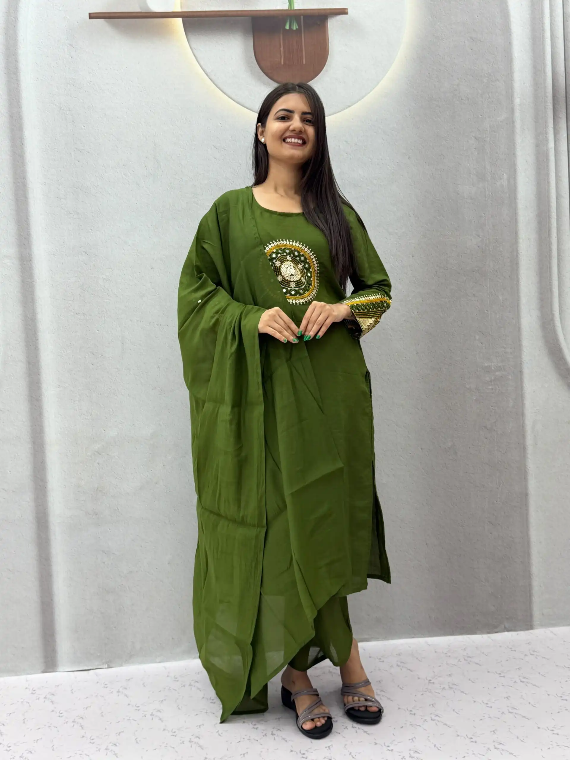 Aglow Green Roman Silk Hand Work Salwar Suit - Image 6