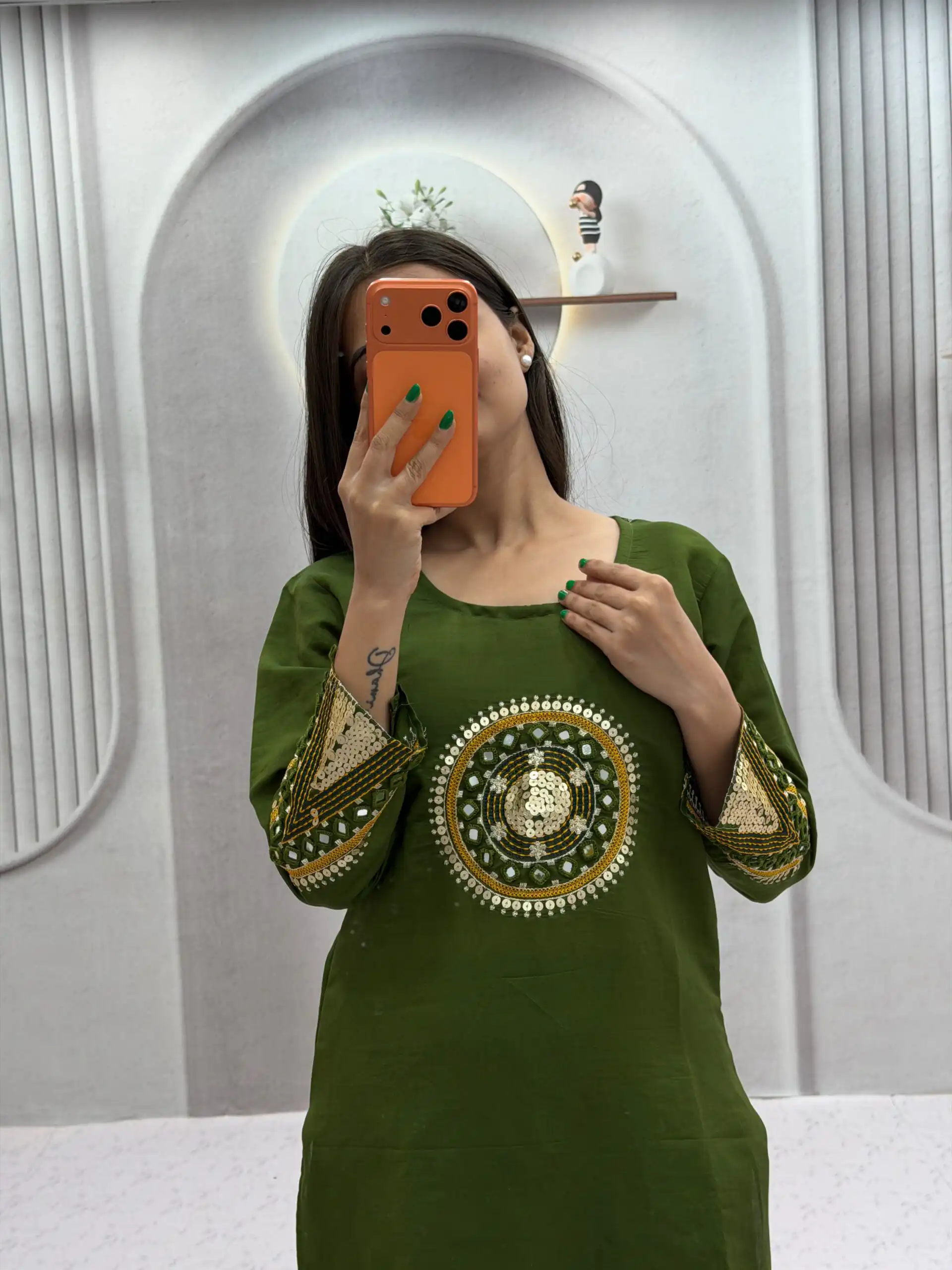 Aglow Green Roman Silk Hand Work Salwar Suit - Image 3
