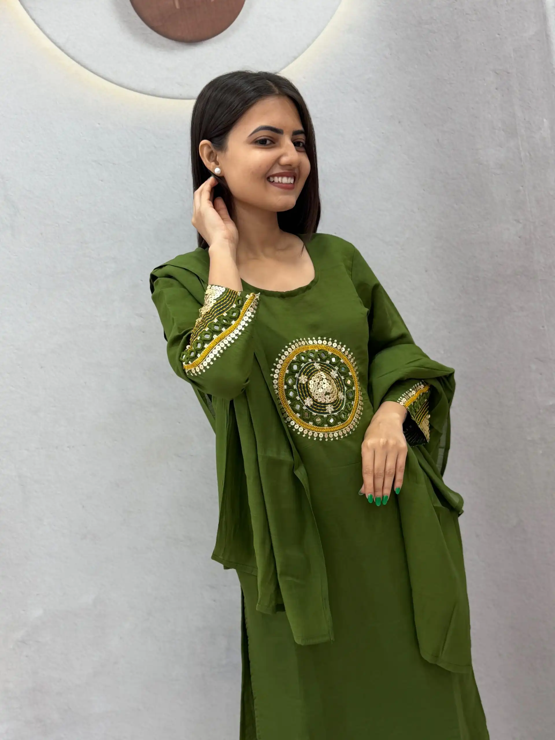 Aglow Green Roman Silk Hand Work Salwar Suit - Image 8