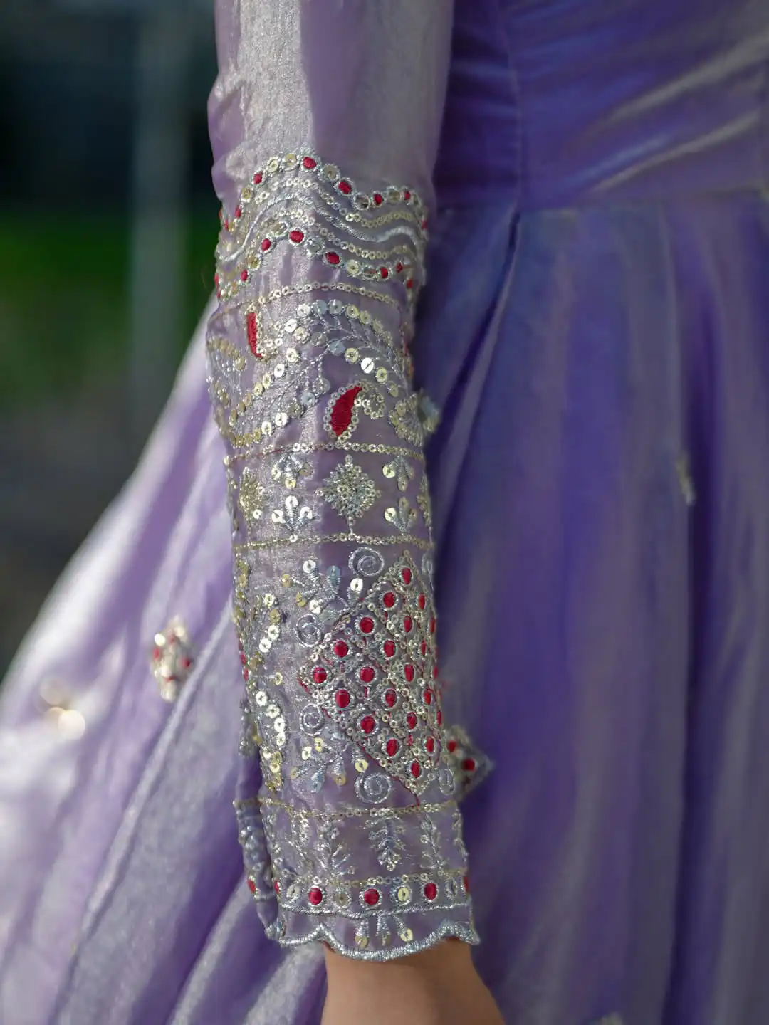 Aglow Lavender Fendy Satin Lace Embroidery Work Gown - Image 2