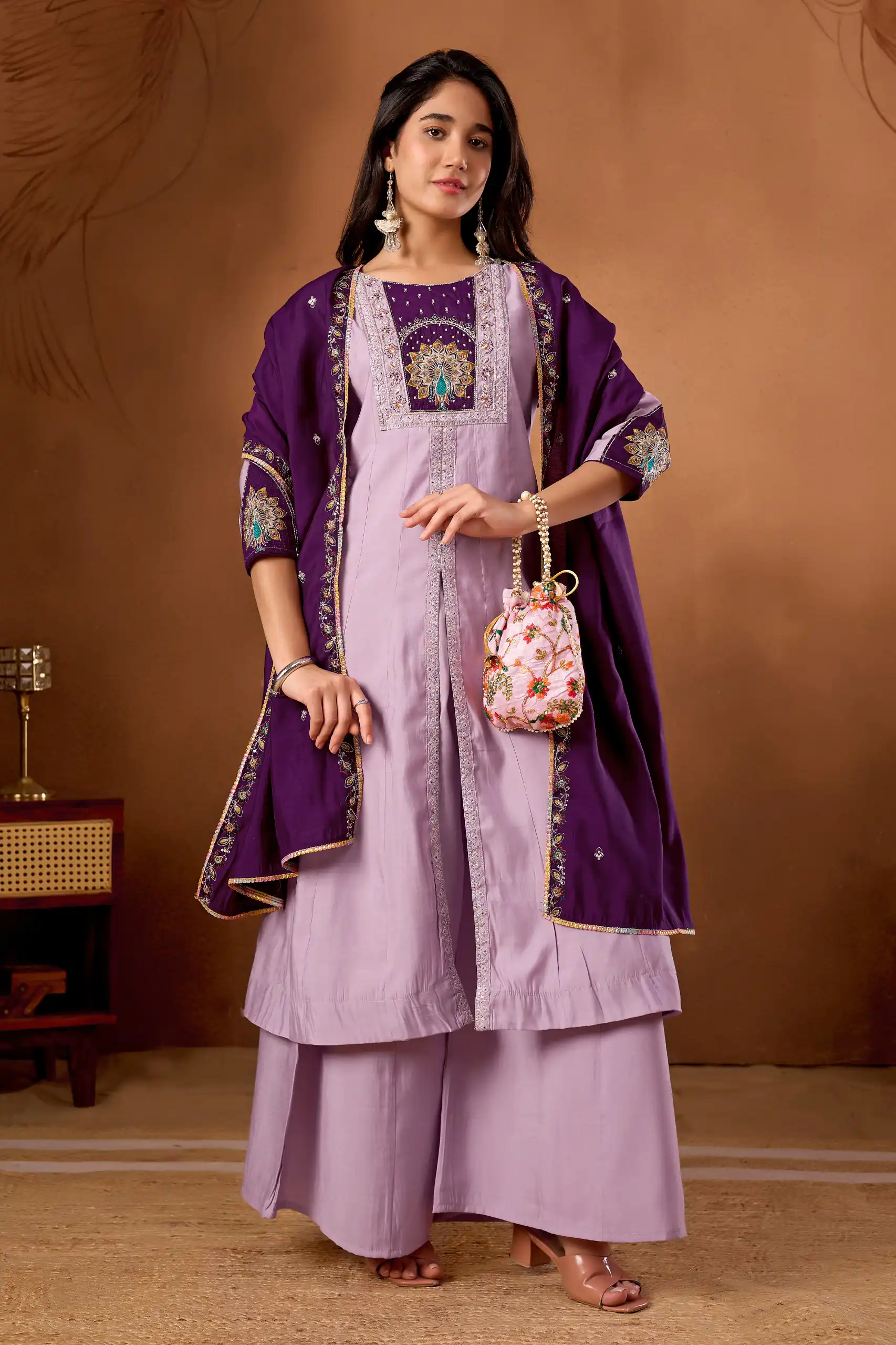 Aglow Lavender Roman Silk Thread Work Salwar Suit