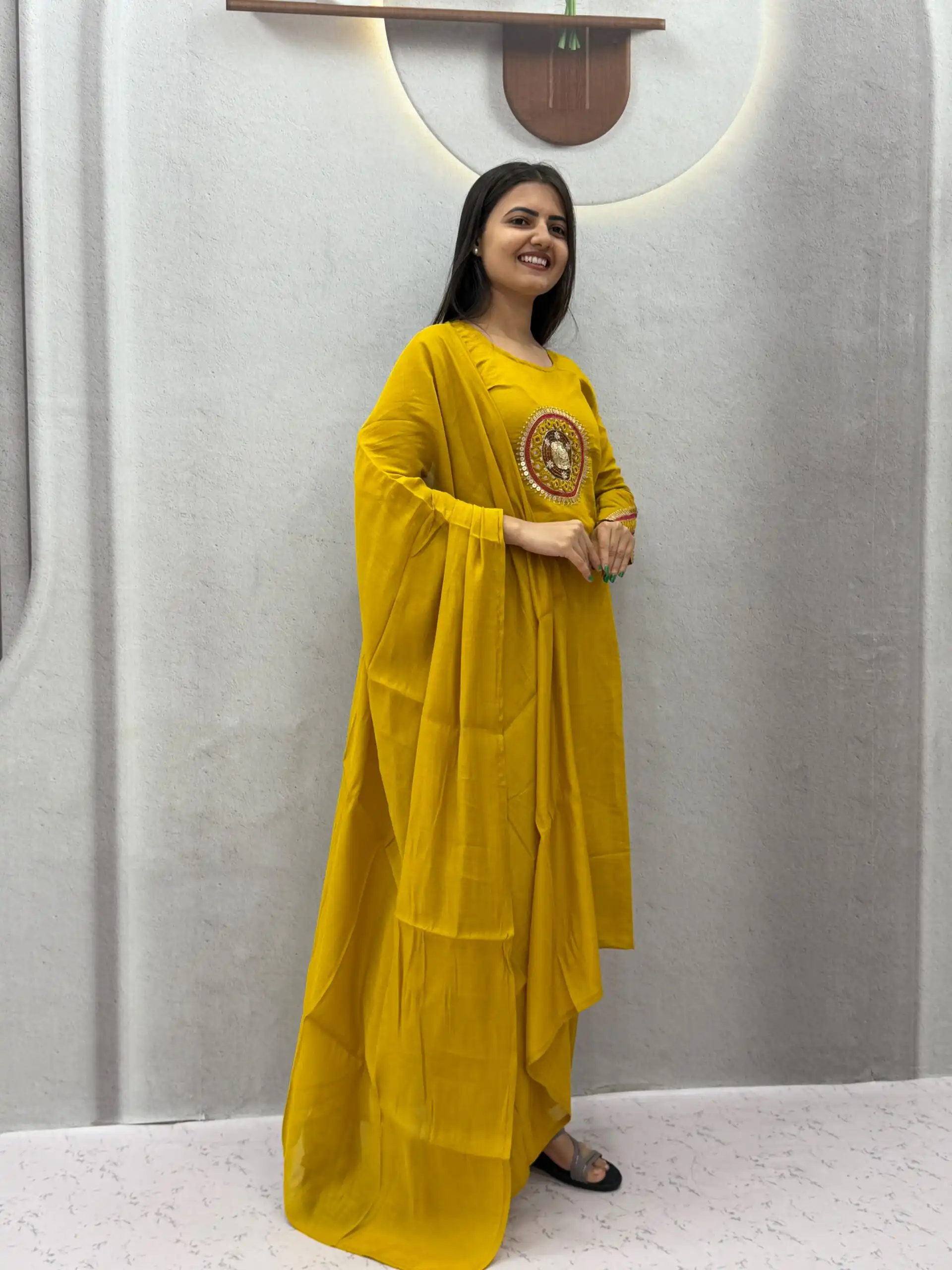 Aglow Mustered Roman Silk Hand Work Salwar Suit - Image 3