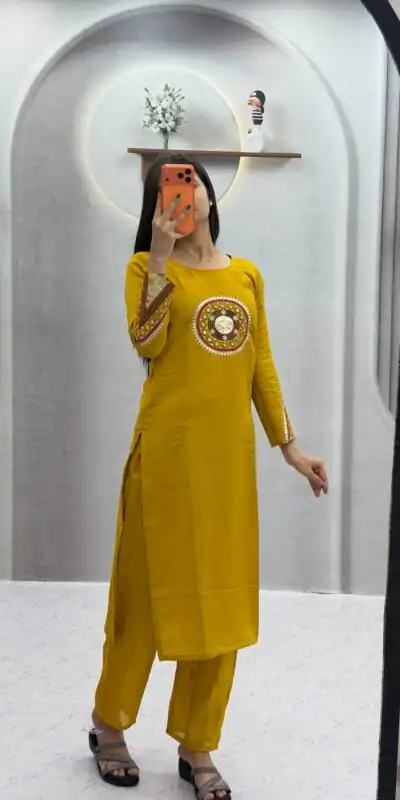 Alternative view of Aglow Mustered Roman Silk Hand Work Salwar Suit