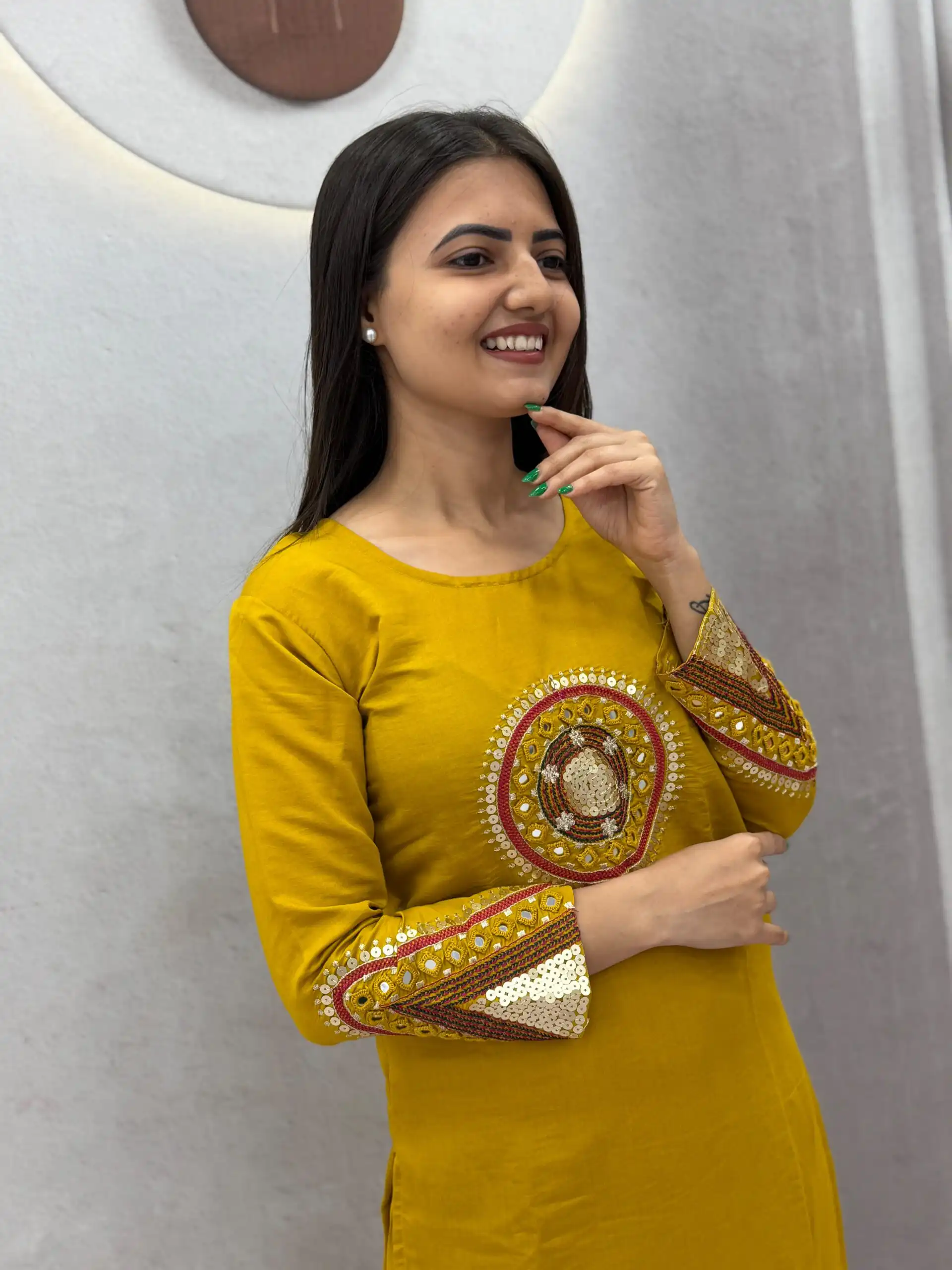Aglow Mustered Roman Silk Hand Work Salwar Suit - Image 6