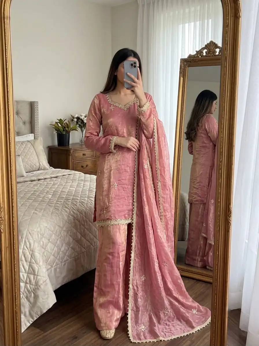 Aglow Peach Fendy Silk ⁠Embroidery Work Salwar Suit - Image 2