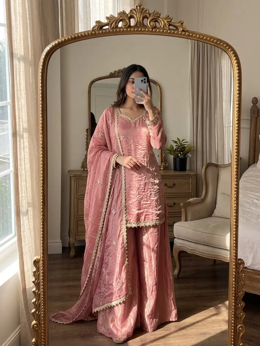 Aglow Peach Fendy Silk ⁠Embroidery Work Salwar Suit